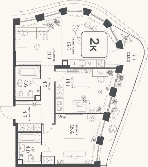 Планировка: 2-к, 73,8 м²