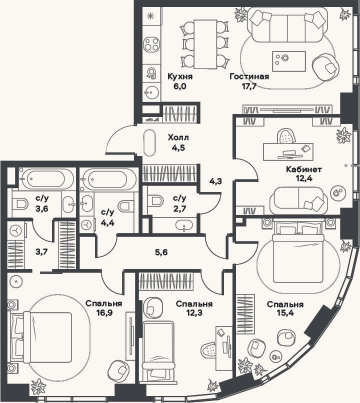 Планировка: 4+ к, 109,5 м²