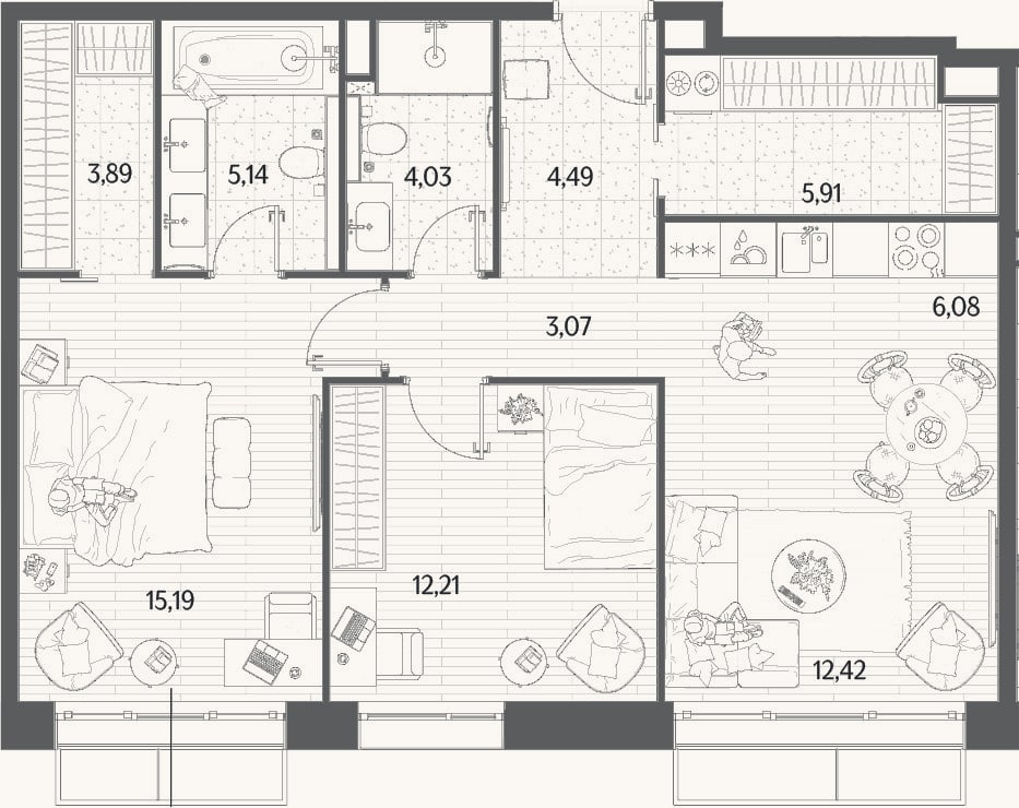 Планировка: 3-к, 72,4 м²