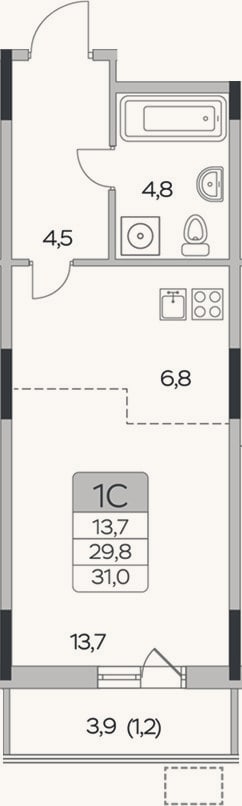 Планировка: Студия, 29,8 м²