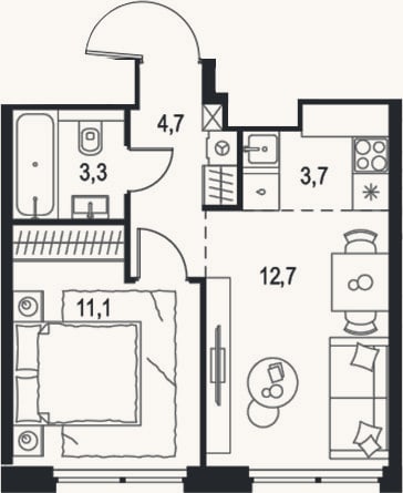 Планировка: 2-к, 35,5 м²
