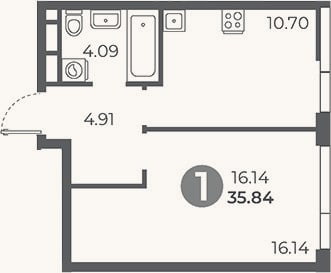 Планировка: 1-к, 35,8 м²