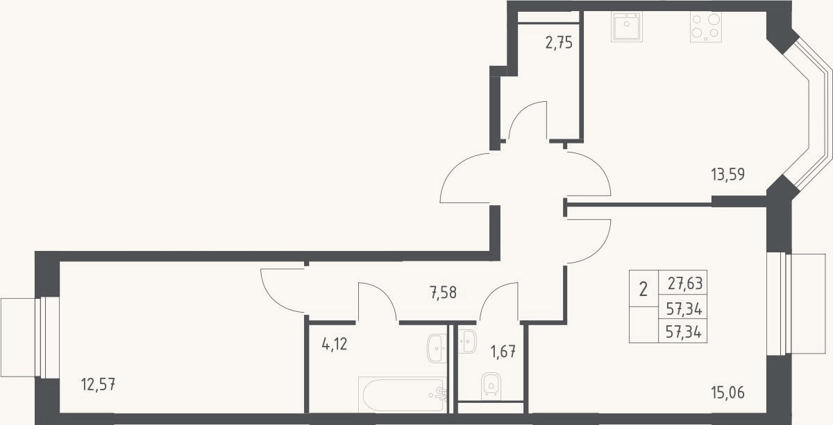 Планировка: 2-к, 57,3 м²