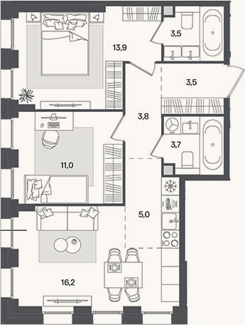 Планировка: 3-к, 60,6 м²