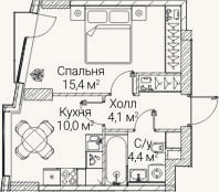 Планировка: 1-к, 33,6 м²
