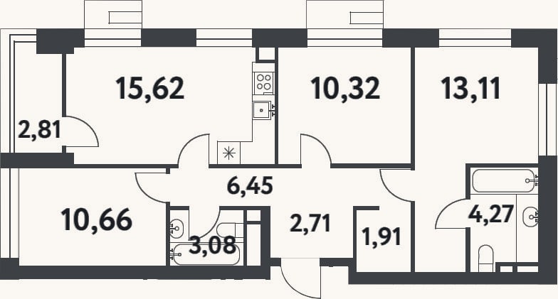 Планировка: 3-к, 68,1 м²