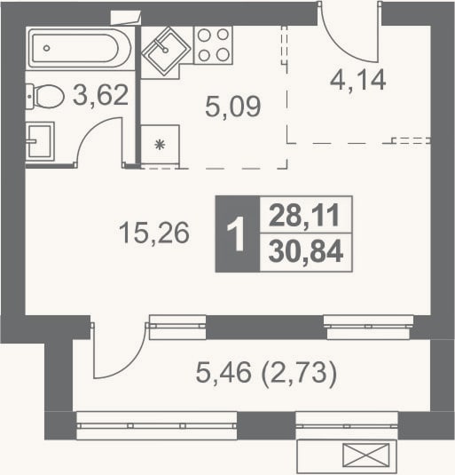 Планировка: Студия, 28,1 м²