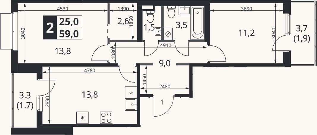 Планировка: 2-к, 55,4 м²