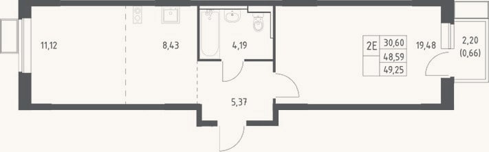Планировка: 2-к, 48,6 м²