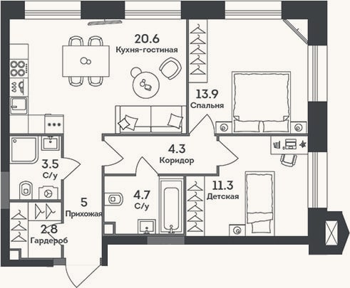 Планировка: 3-к, 66,1 м²