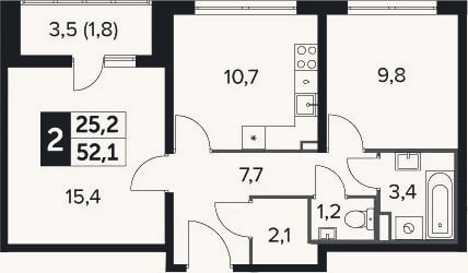 Планировка: 2-к, 50,3 м²