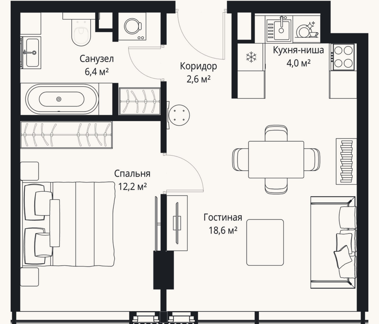 Планировка: 2-к, 43,8 м²