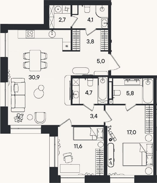 Планировка: 3-к, 89 м²