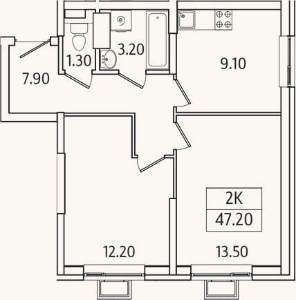 Планировка: 2-к, 47,2 м²