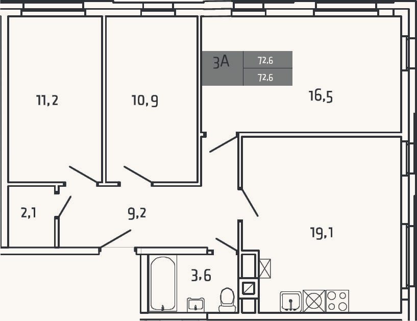 Планировка: 3-к, 72,6 м²