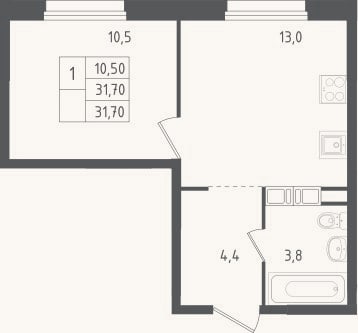 Планировка: 1-к, 31,7 м²