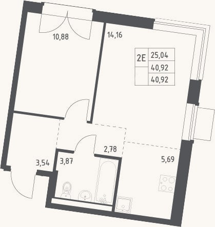 Планировка: 2-к, 40,9 м²