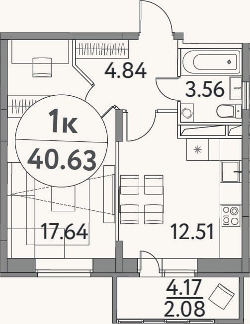 Планировка: 1-к, 38,6 м²