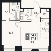 Планировка: 2-к, 57,8 м²