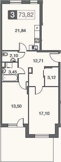 Планировка: 3-к, 73,5 м²