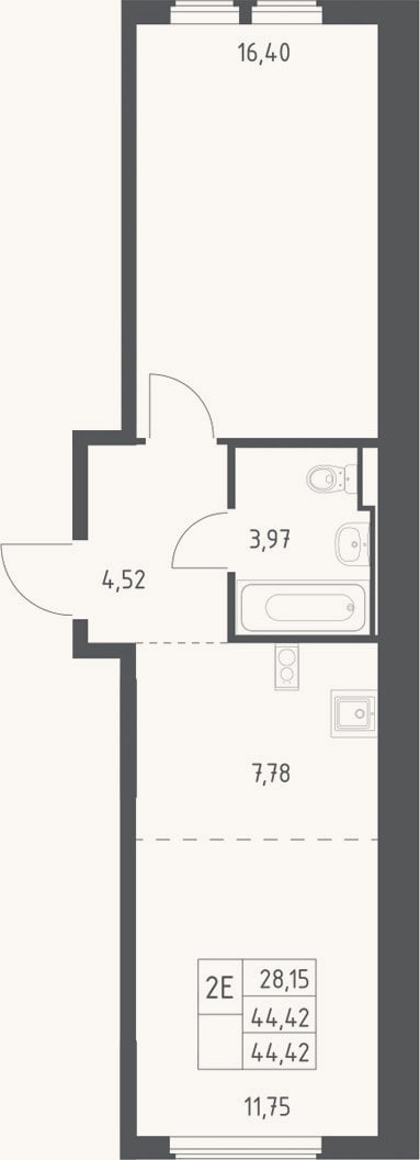 Планировка: 2-к, 44,4 м²