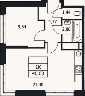 Планировка: 1-к, 40 м²