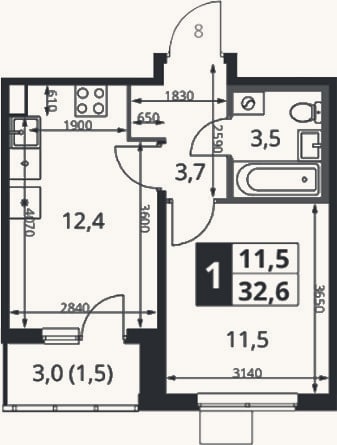 Планировка: 1-к, 31,7 м²