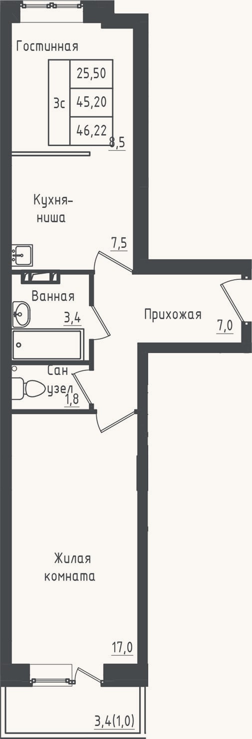 Планировка: 1-к, 45,2 м²
