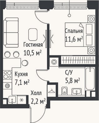 Планировка: 2-к, 37,2 м²