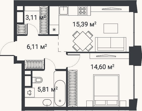 Планировка: 1-к, 45 м²