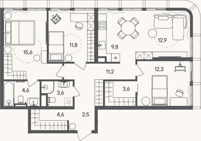 Планировка: 4+ к, 92,5 м²