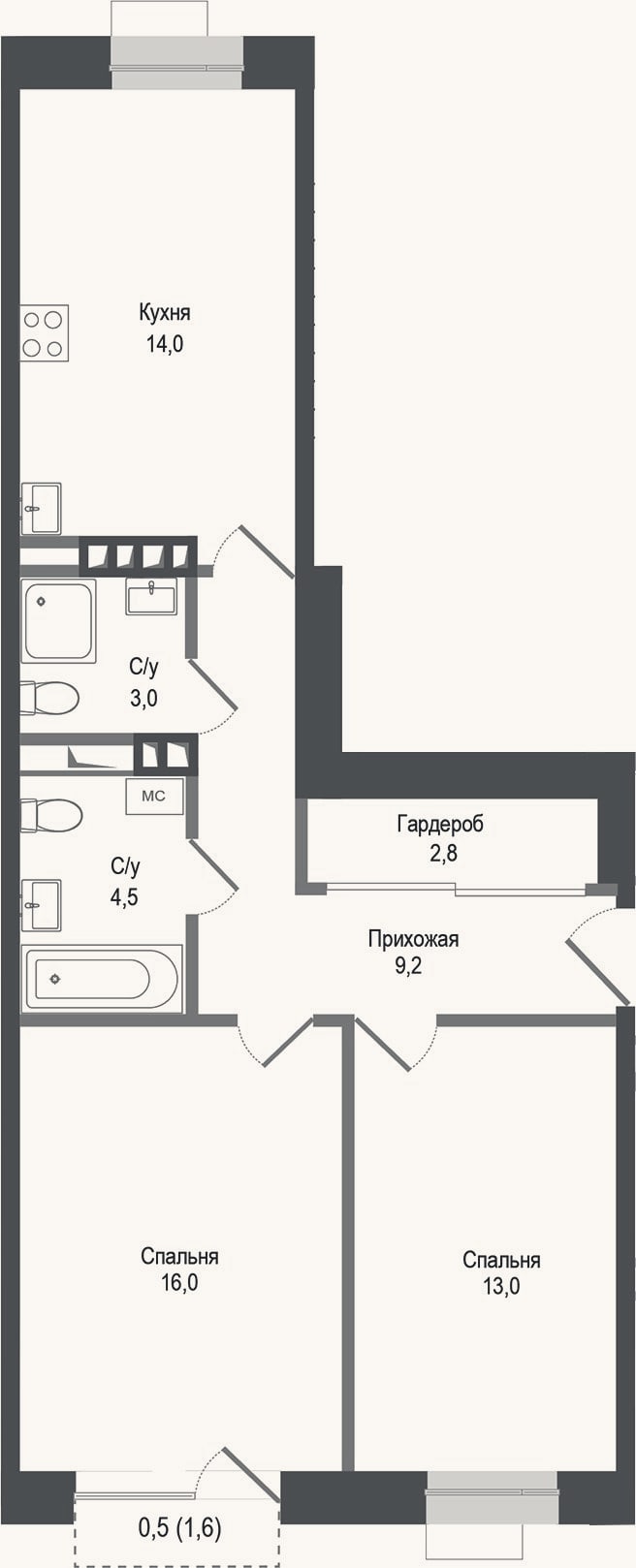Планировка: 2-к, 62,5 м²