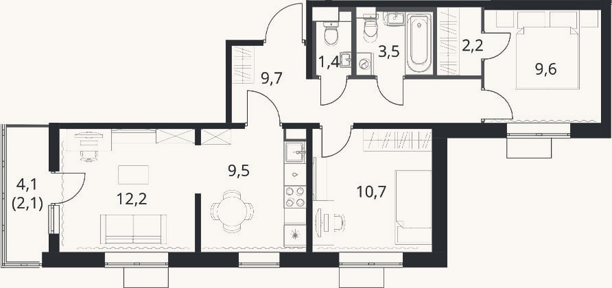 Планировка: 3-к, 58,8 м²