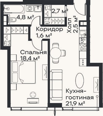 Планировка: 2-к, 51,9 м²