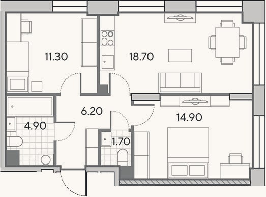 Планировка: 3-к, 57,7 м²