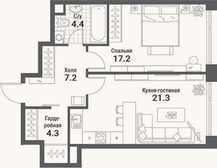 Планировка: 2-к, 54,4 м²
