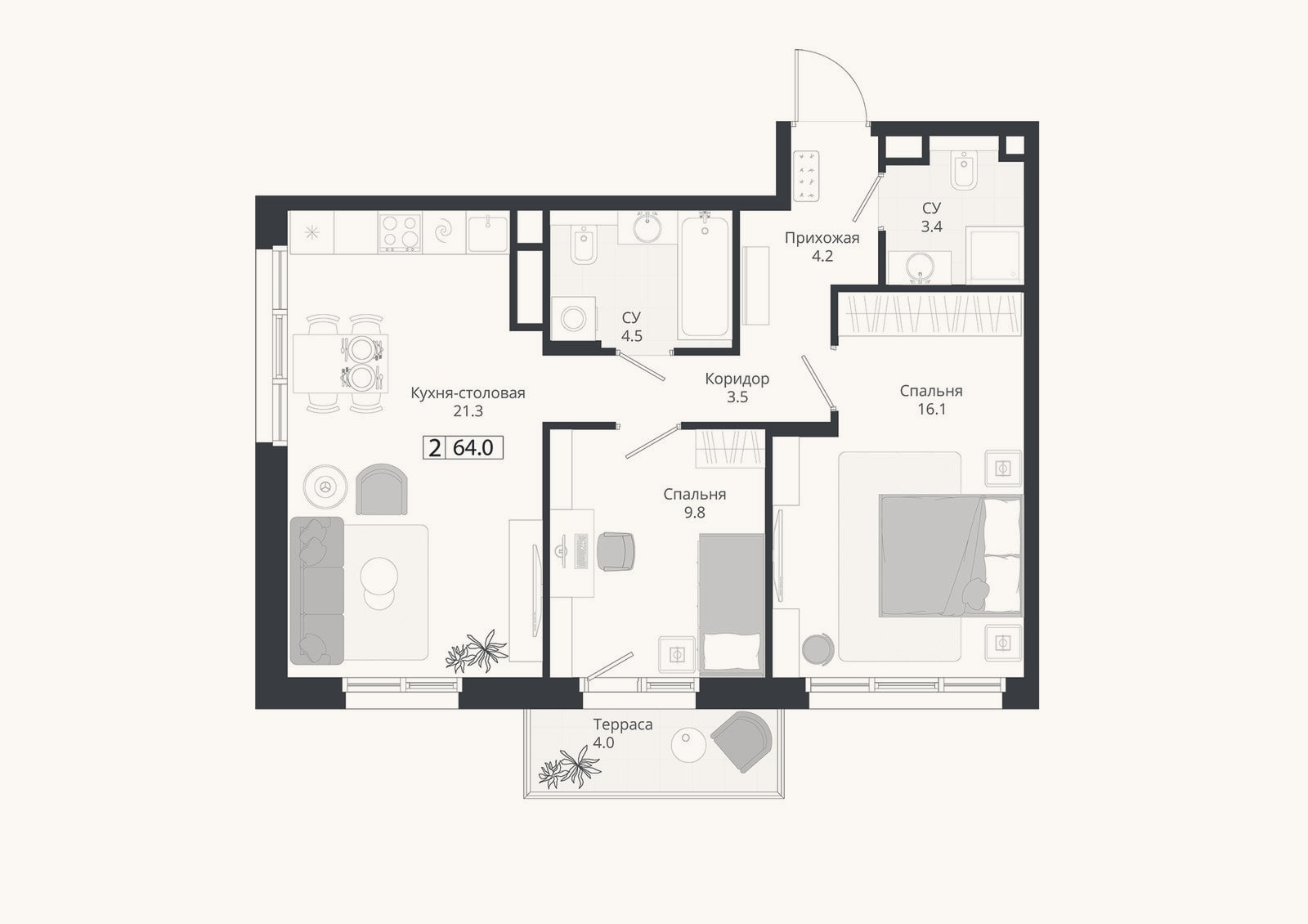 Планировка: 3-к, 62,8 м²