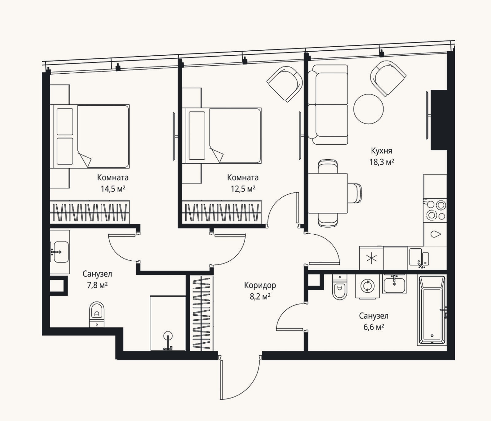 Планировка: 3-к, 67,9 м²