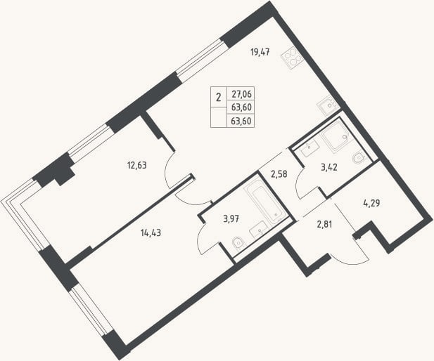 Планировка: 3-к, 63,6 м²