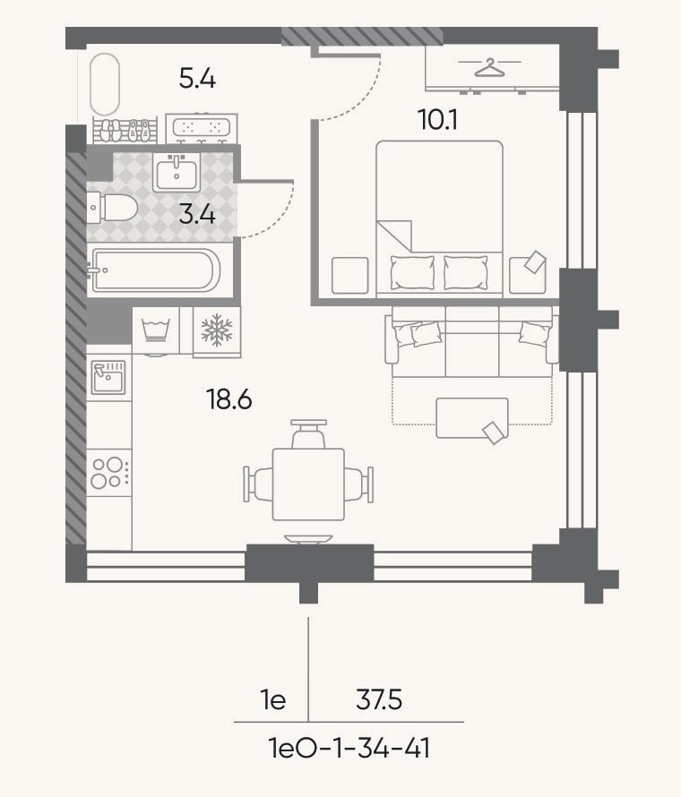 Планировка: 2-к, 37,5 м²