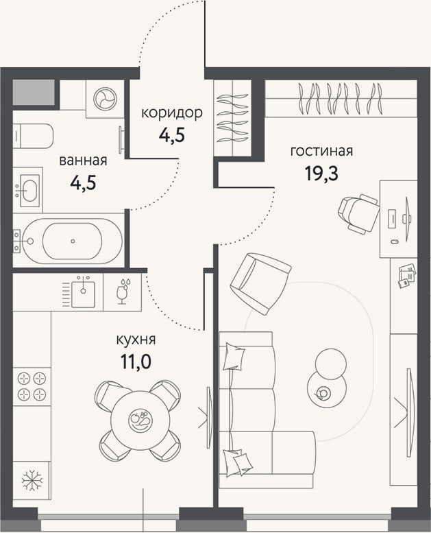 Планировка: 1-к, 39,3 м²