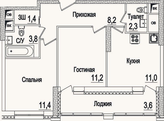 Планировка: 2-к, 49,3 м²