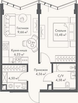 Планировка: 2-к, 45 м²