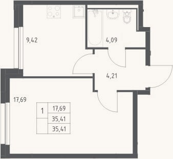 Планировка: 1-к, 35,4 м²