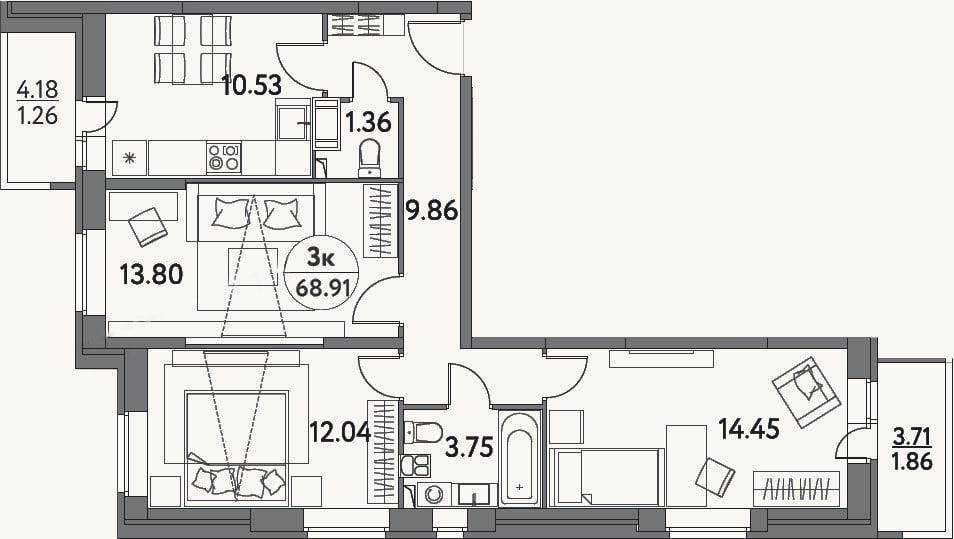 Планировка: 3-к, 65,8 м²
