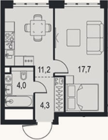 Планировка: 1-к, 37,2 м²