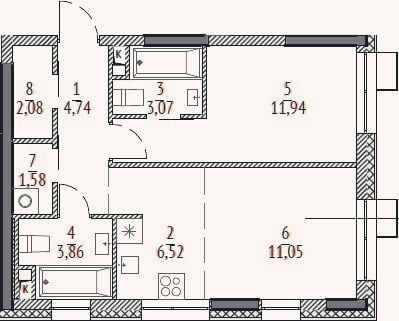 Планировка: 2-к, 44,8 м²