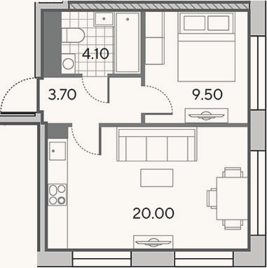 Планировка: 2-к, 37,3 м²