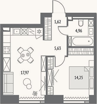Планировка: 2-к, 44,4 м²