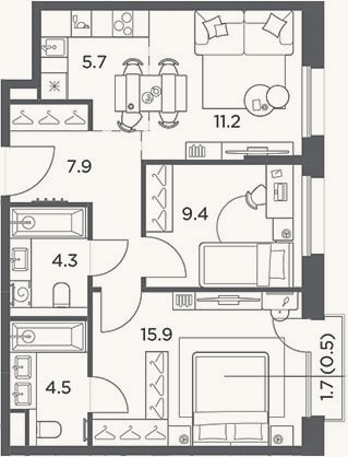 Планировка: 3-к, 58,9 м²